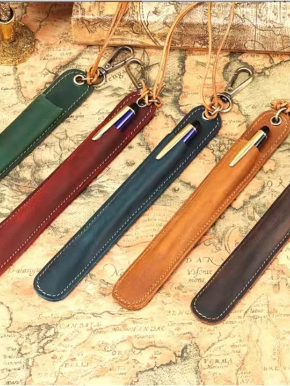 Leather Pen Sleeve Keychain in Brown